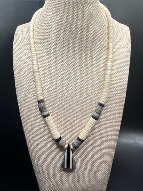 Striped Triangle Pendant Heishi Necklace — Cream & Black